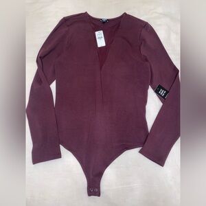 Burgundy long sleeve bodysuit with mesh detailing from express with tags